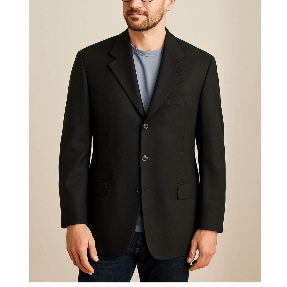 Hickey Freeman 46L Oakbrook 100% Wool Blazer $650 3-Button Jacket Black Big&Tall